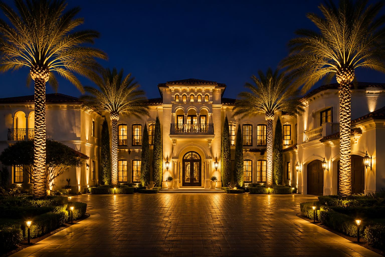 Luxury Los Angeles estate at night with warm landscape lighting