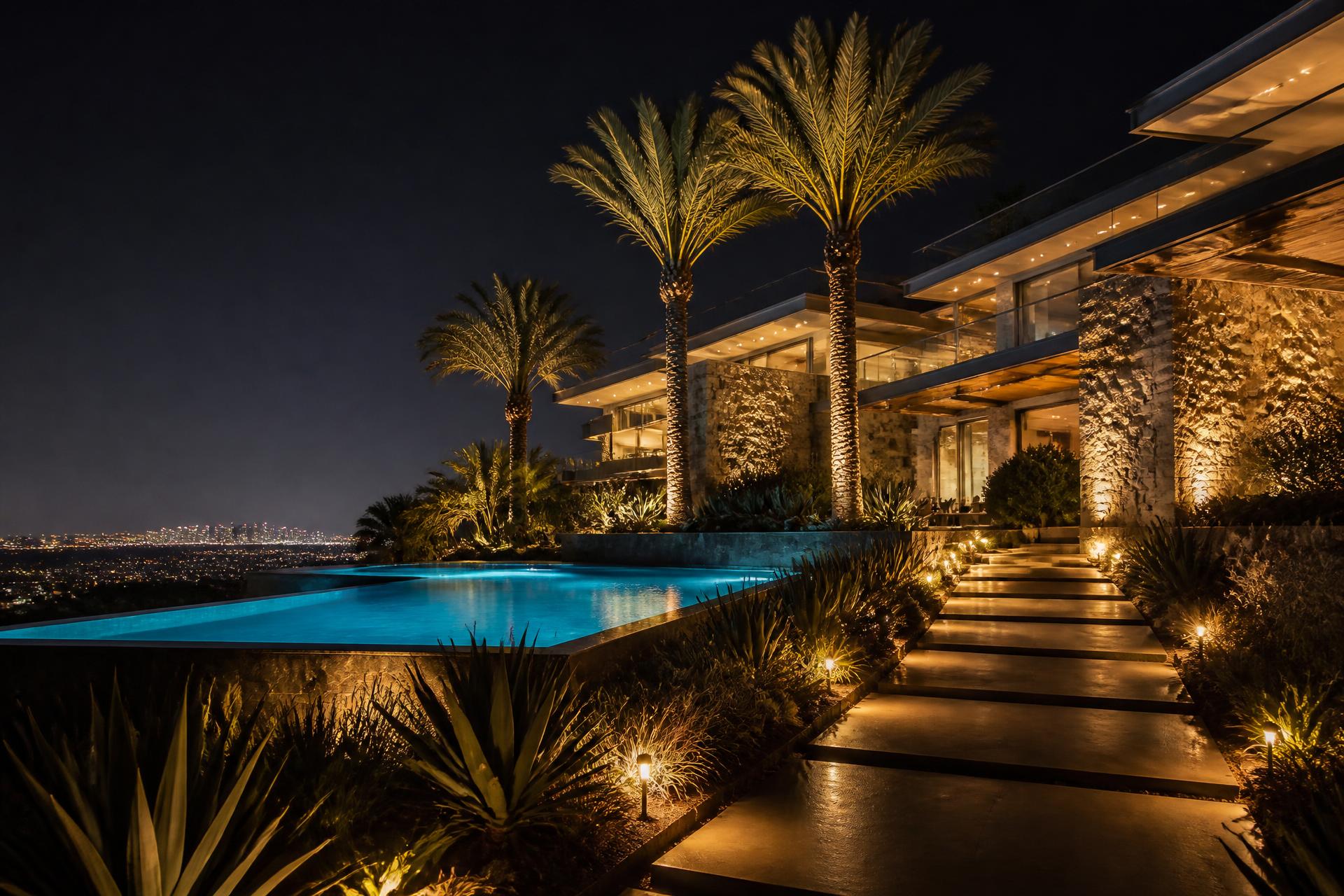 Los Angeles home lit at night with warm landscape lighting