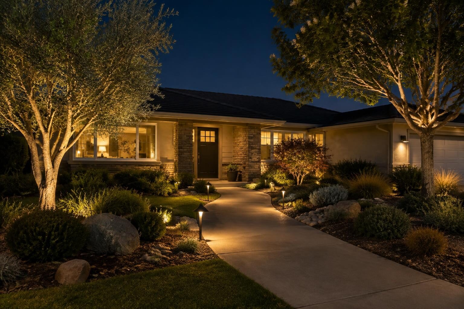 Single-story California home with path lighting and tree uplighting at night