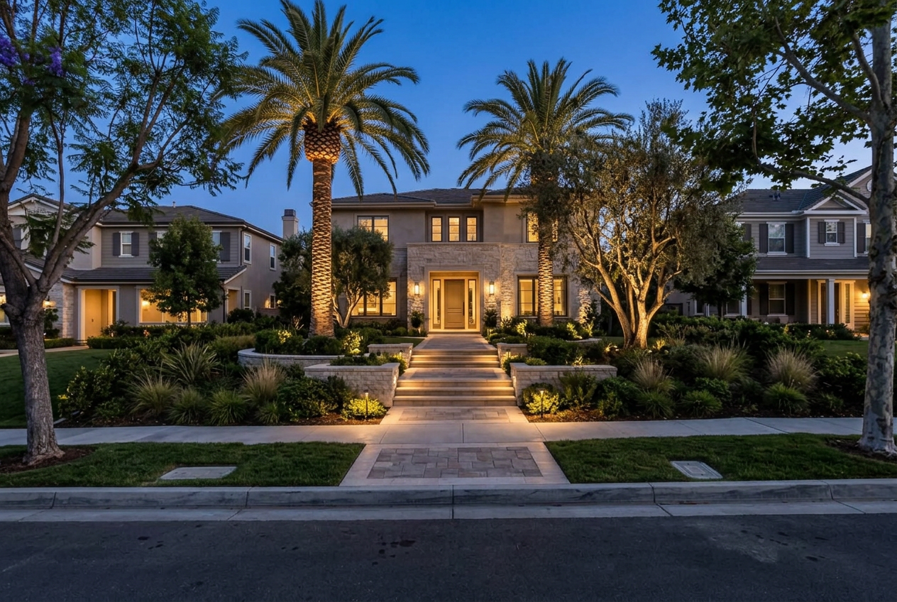 Los Angeles neighborhood home with illuminated palms, gardens and front walkway at dusk