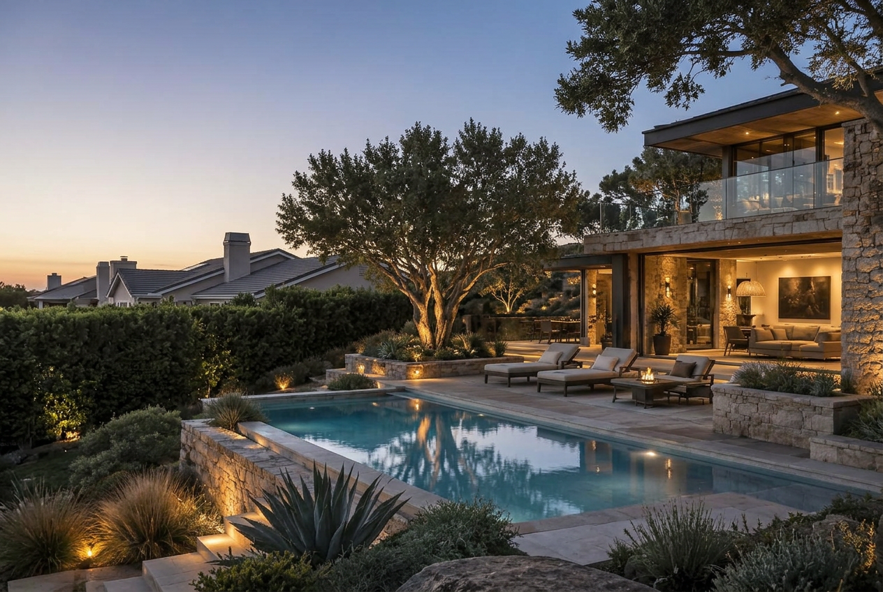 Southern California home with warm lighting around a backyard pool and mature landscaping